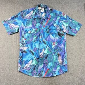 Roper Mens Western Shirt Large Blue Teal Feather Indigenous Print Button Down